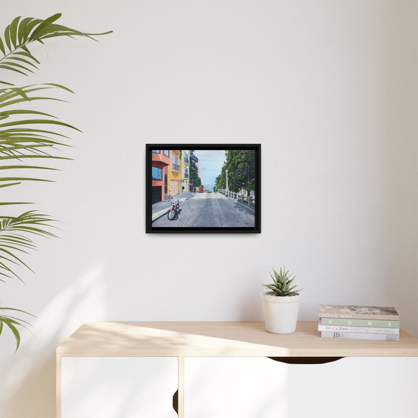 "A Pause on the Filbert Steps" - Printed on Matte Canvas, Black Frame