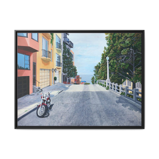 "A Pause on the Filbert Steps" - Printed on Matte Canvas, Black Frame