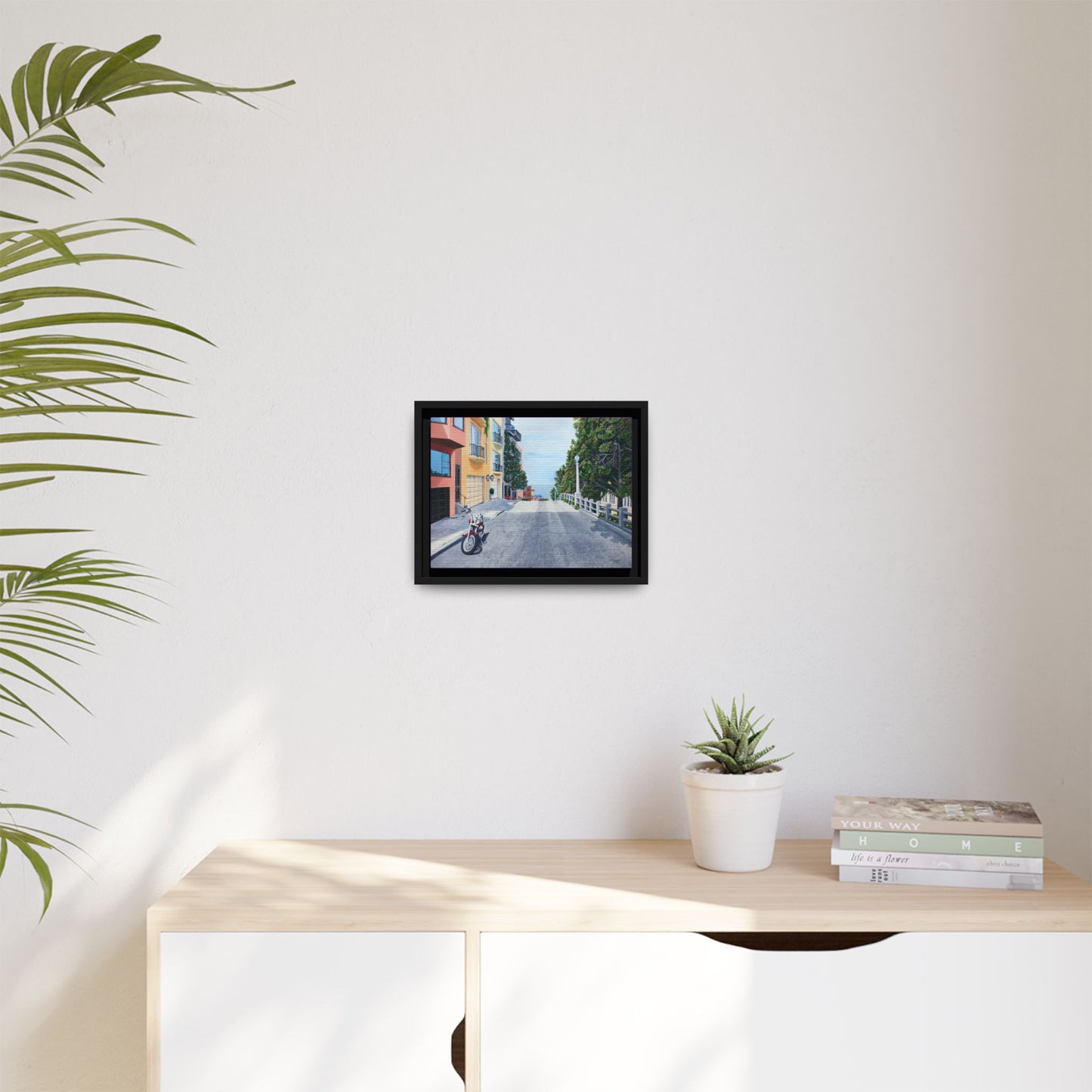 "A Pause on the Filbert Steps" - Printed on Matte Canvas, Black Frame