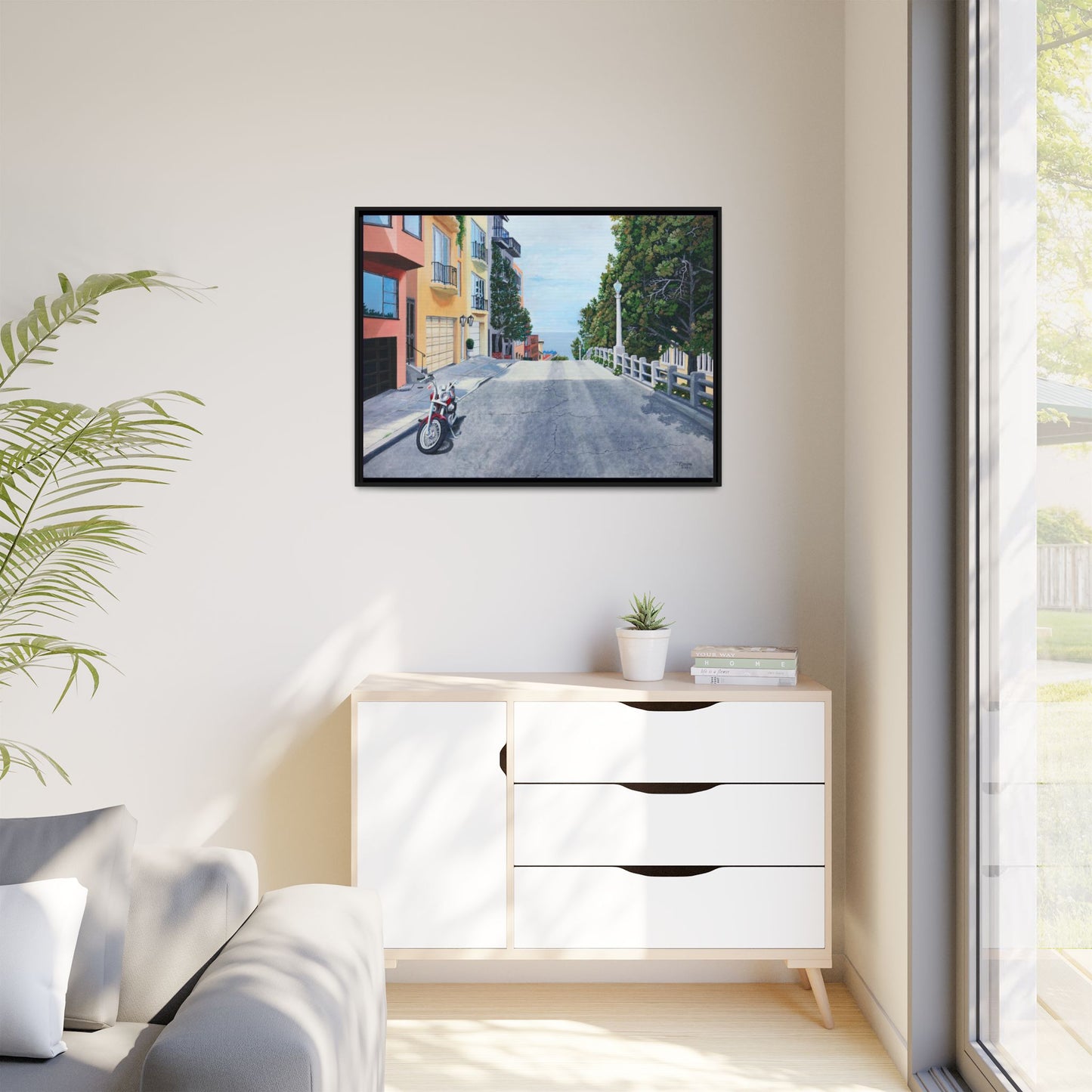 "A Pause on the Filbert Steps" - Printed on Matte Canvas, Black Frame