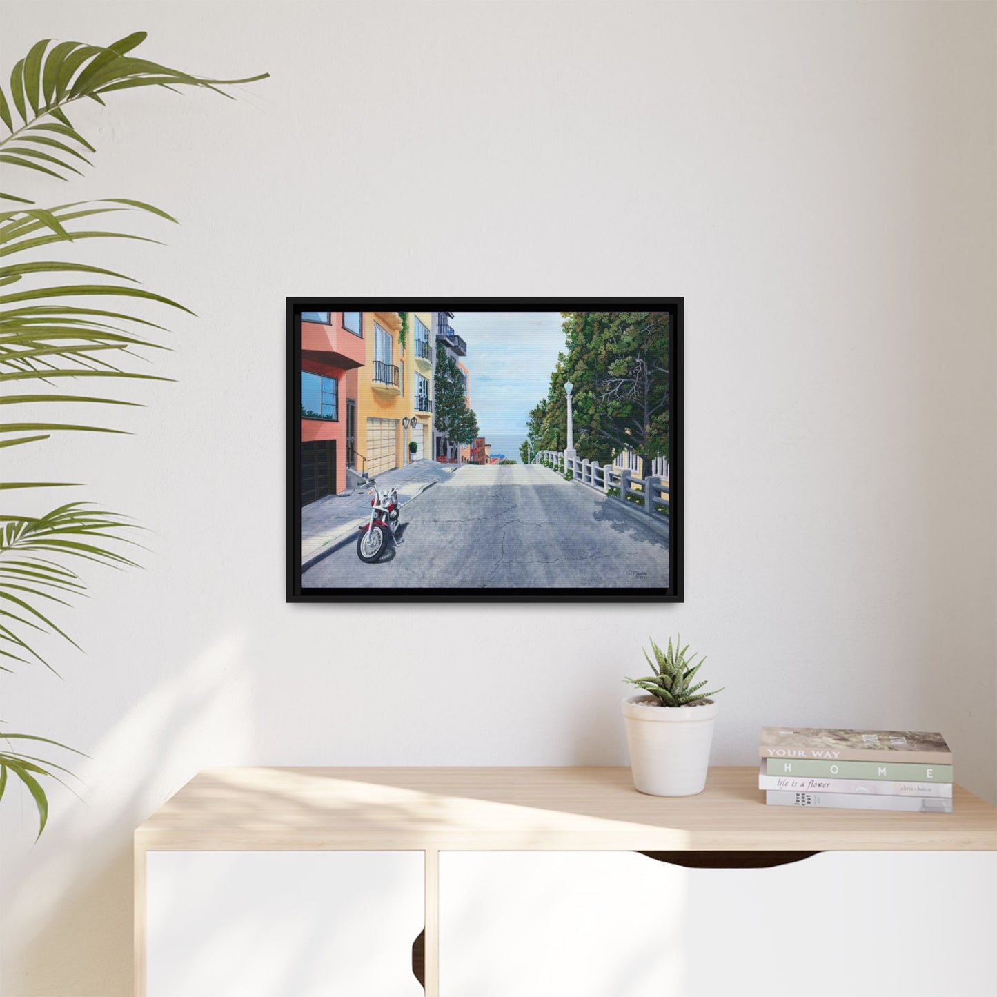 "A Pause on the Filbert Steps" - Printed on Matte Canvas, Black Frame