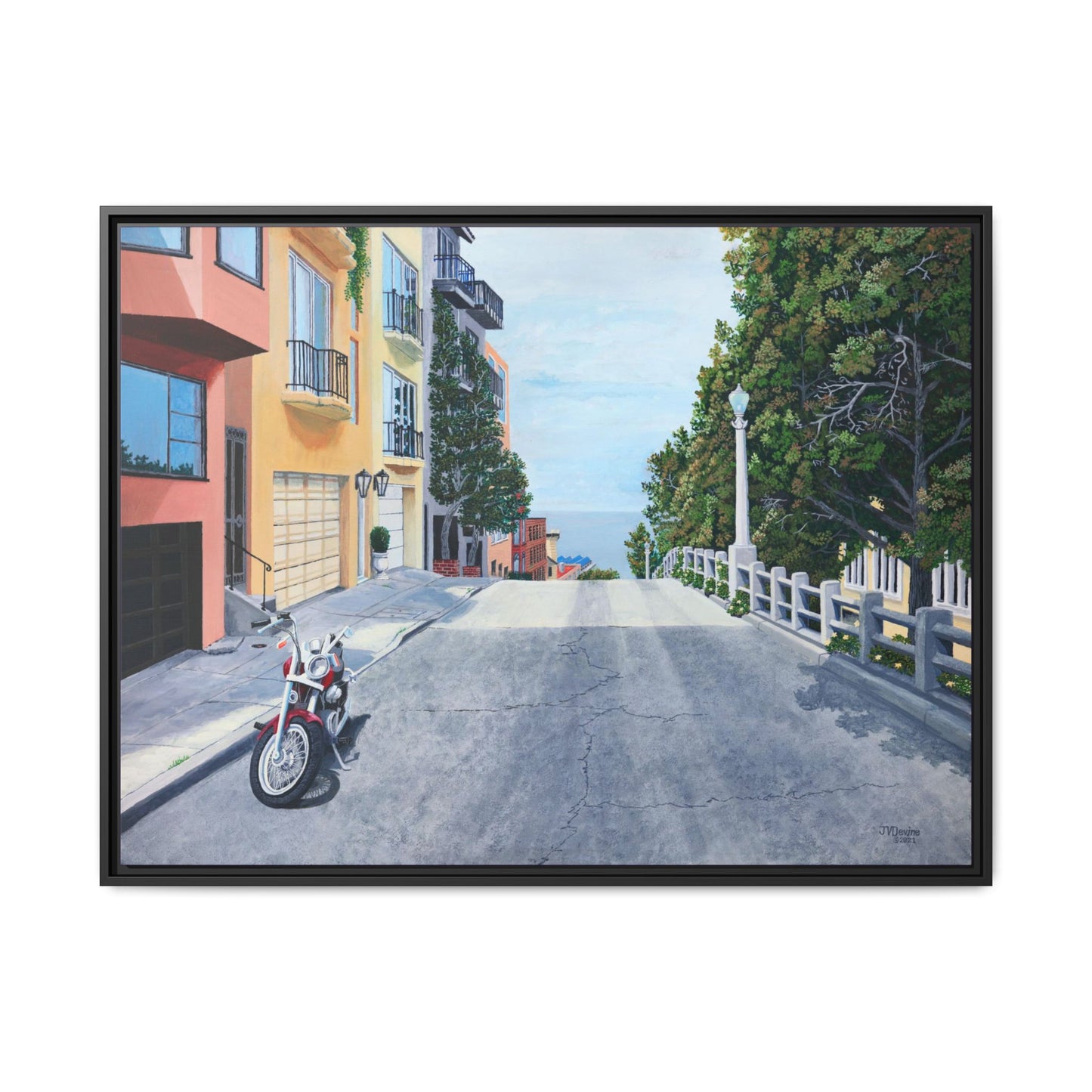 "A Pause on the Filbert Steps" - Printed on Matte Canvas, Black Frame