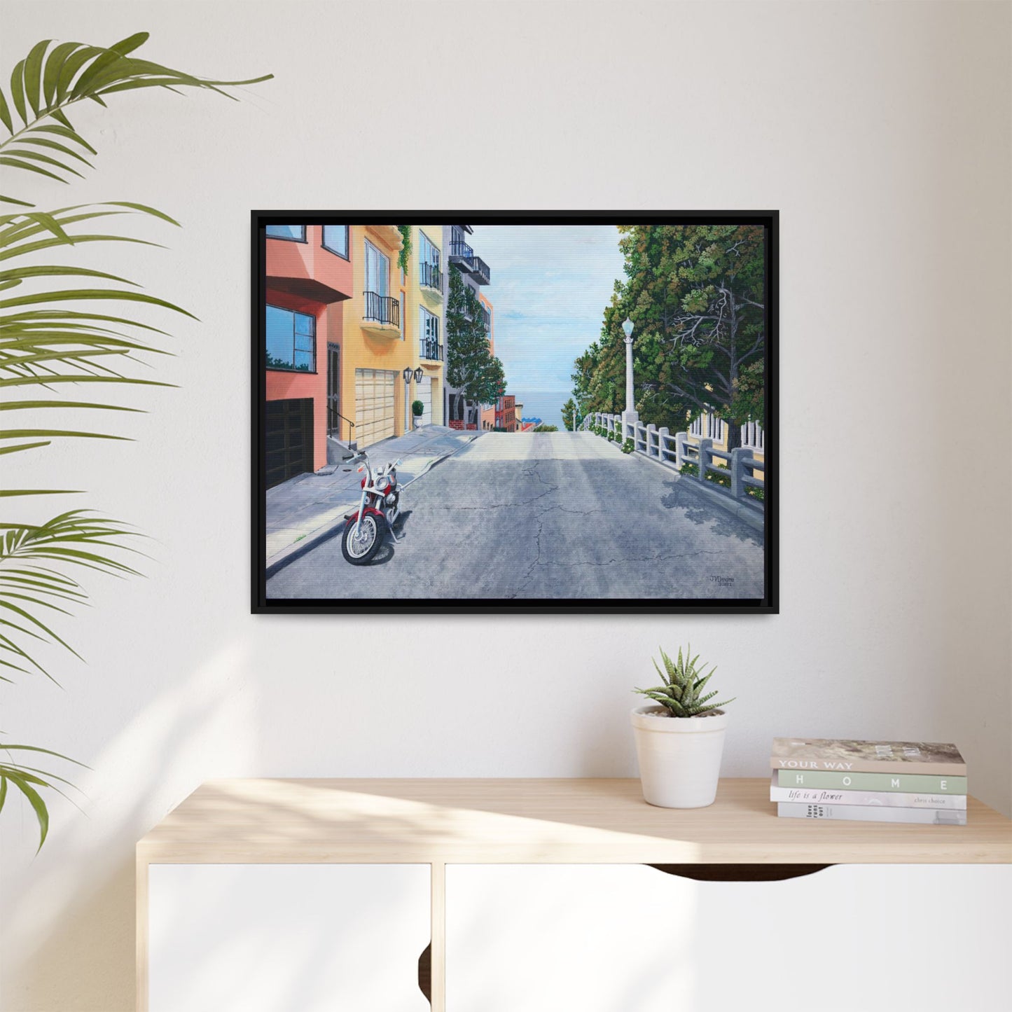 "A Pause on the Filbert Steps" - Printed on Matte Canvas, Black Frame