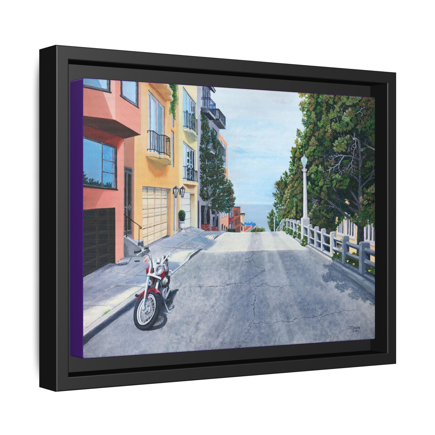 "A Pause on the Filbert Steps" - Printed on Matte Canvas, Black Frame