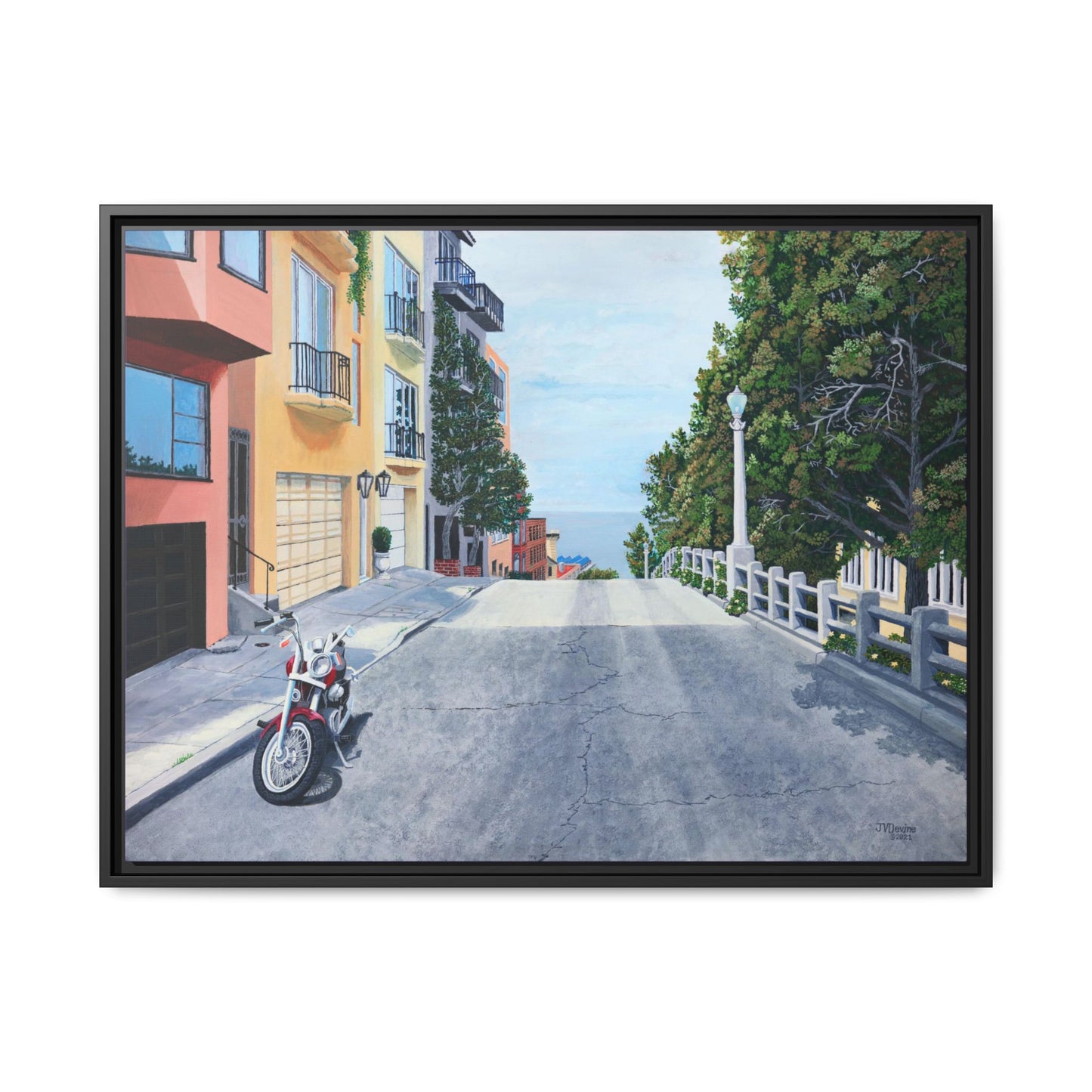 "A Pause on the Filbert Steps" - Printed on Matte Canvas, Black Frame