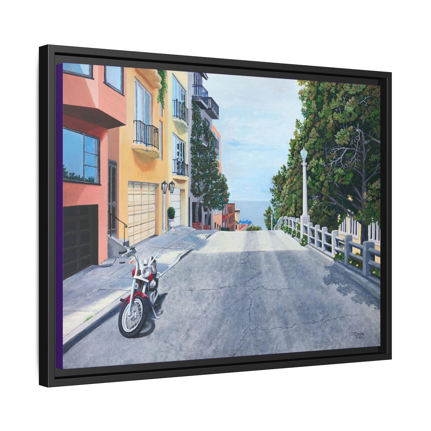 "A Pause on the Filbert Steps" - Printed on Matte Canvas, Black Frame