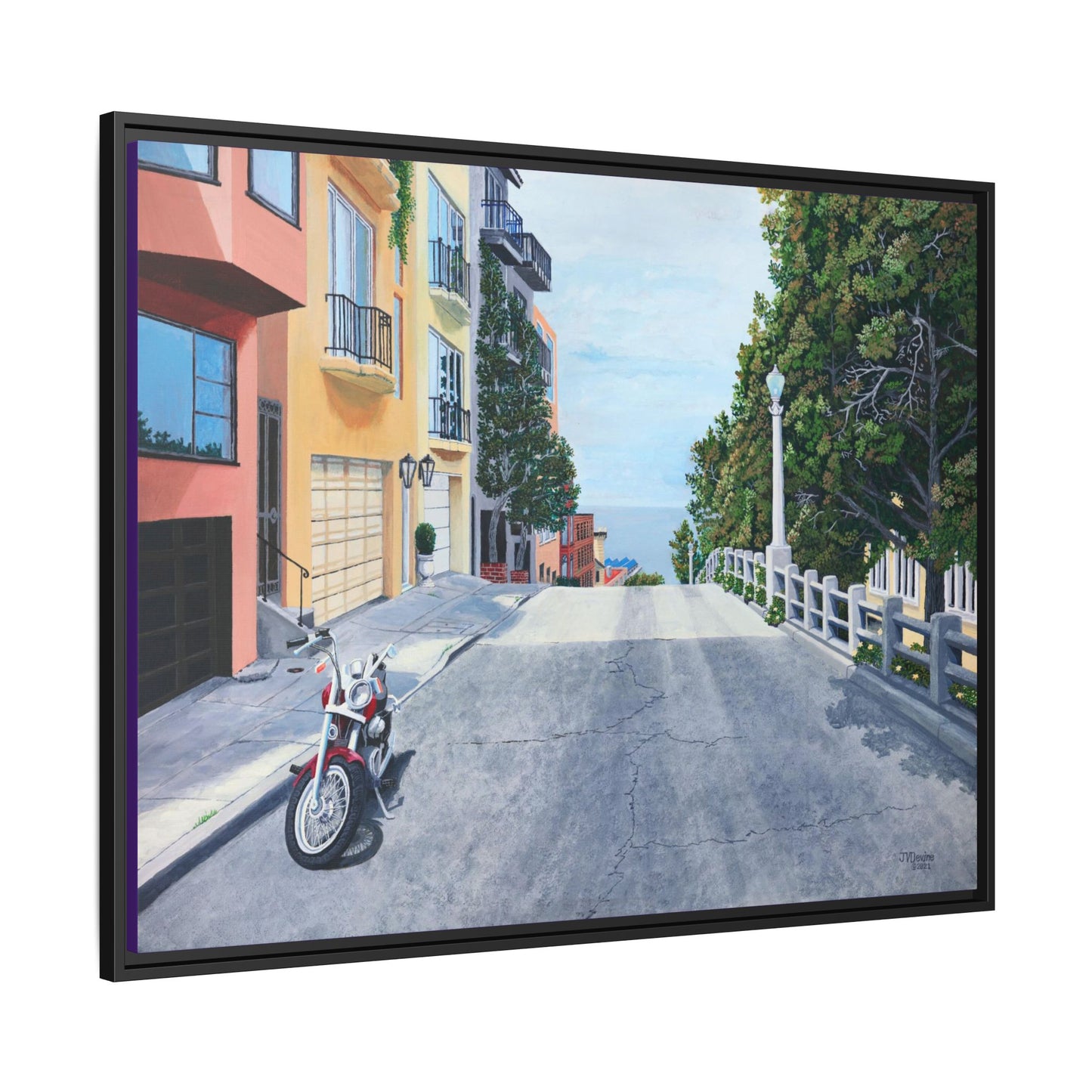 "A Pause on the Filbert Steps" - Printed on Matte Canvas, Black Frame