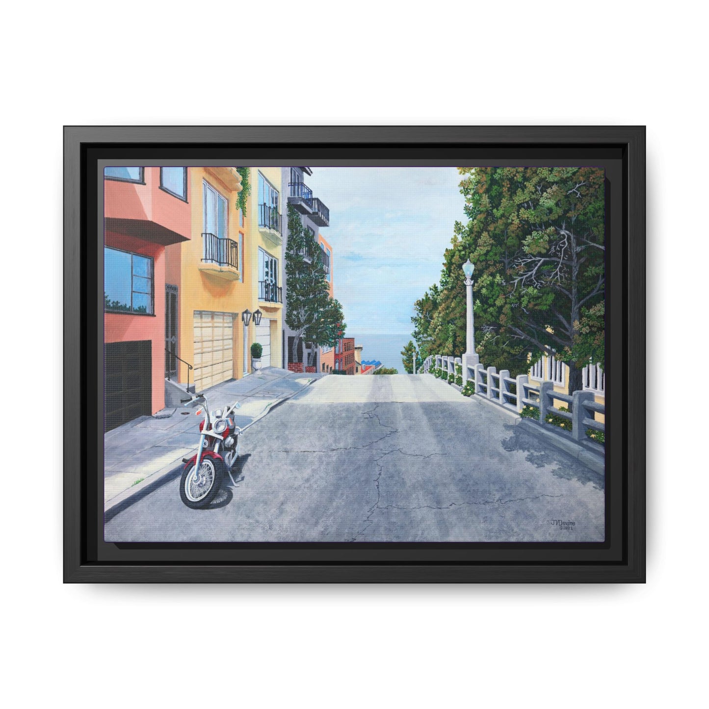 "A Pause on the Filbert Steps" - Printed on Matte Canvas, Black Frame