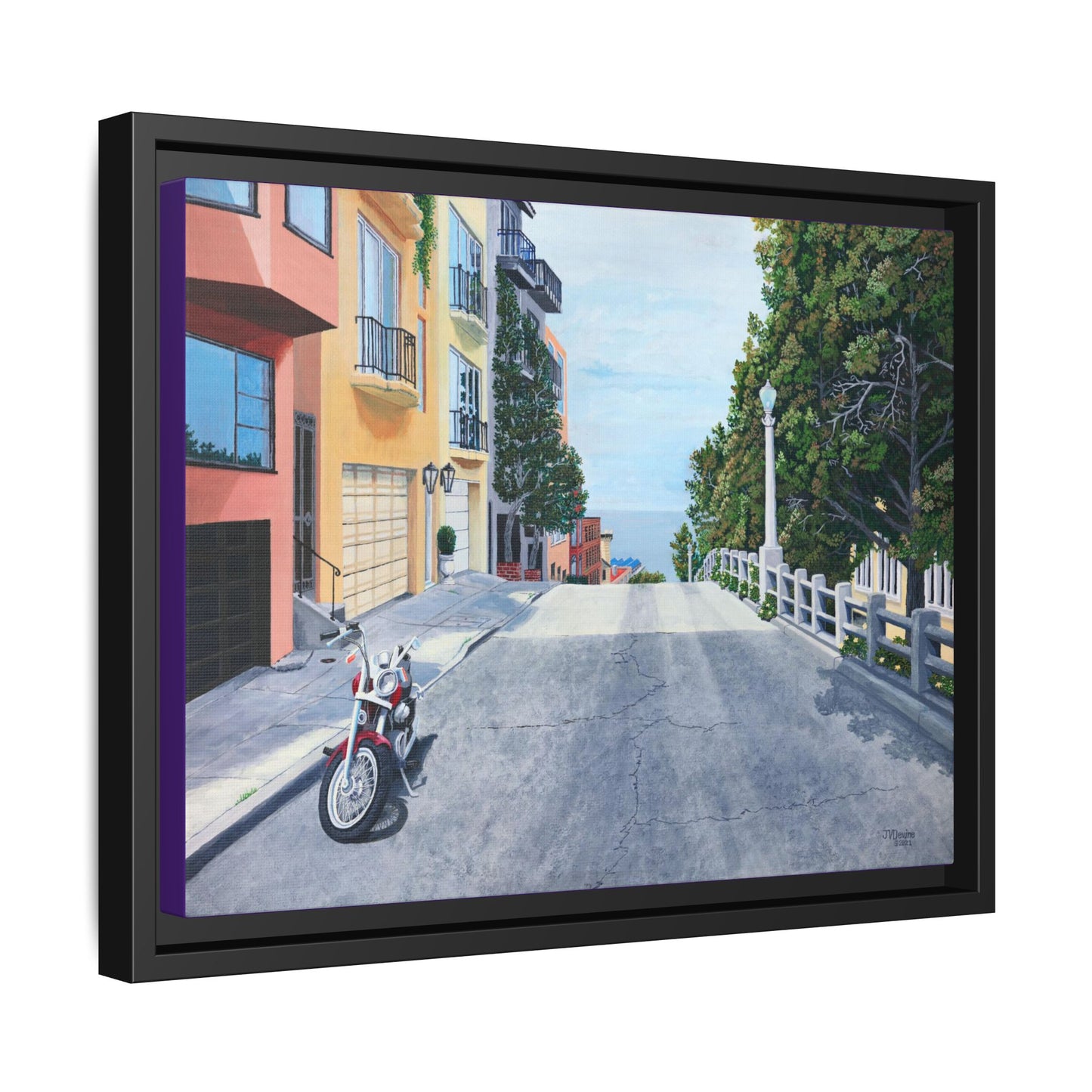 "A Pause on the Filbert Steps" - Printed on Matte Canvas, Black Frame