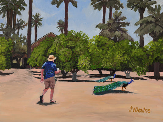 I Know, I Know, I am trying to watch the peacocks - 9x12 Oil on Canvas Board - ORIGINAL